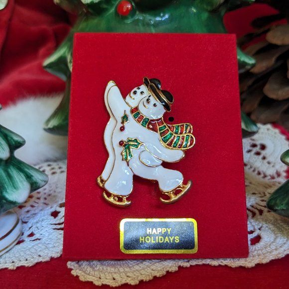 Vtg Two Snowmen Ice Skating Metallic Enamel Christmas Lapel Brooch Pin In Box - Picture 5 of 6